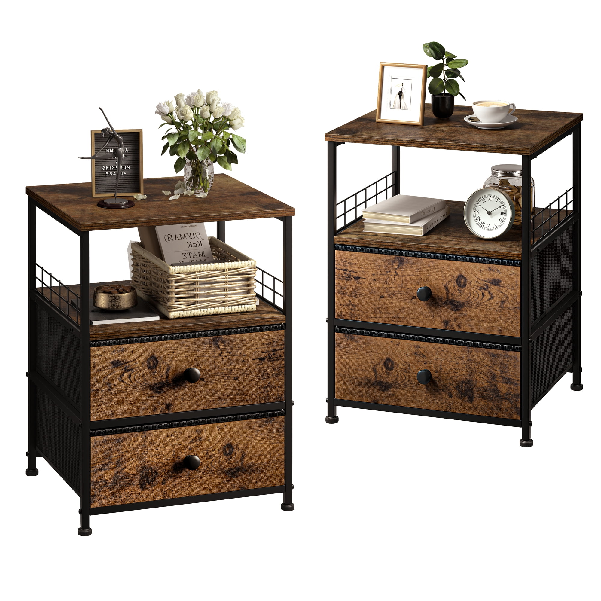 EnHomee End Table Metal Side Table Nightstands Kids Nightstand End Table Set, Rustic Brown