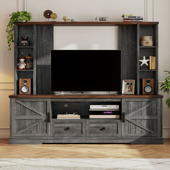 EnHomee Entertainment Center with LED Lights and Power Outlets, Large Farmhouse TV Stand for up to 60" TVs with Storage, Grey
