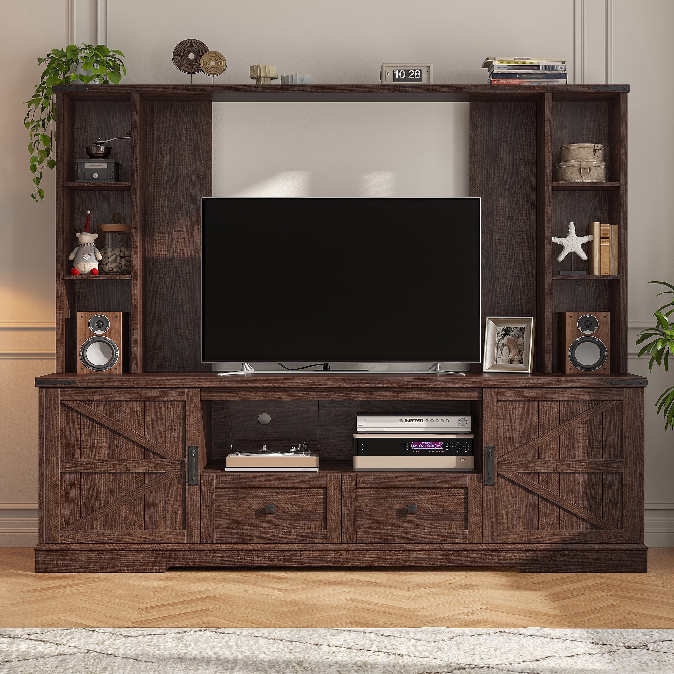 EnHomee Entertainment Center with LED Lights and Power Outlets, Large Farmhouse TV Stand for up to 60" TVs with Storage, White
