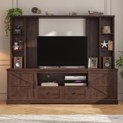 EnHomee Entertainment Center with LED Lights and Power Outlets, Large Farmhouse TV Stand for up to 60" TVs with Storage, White