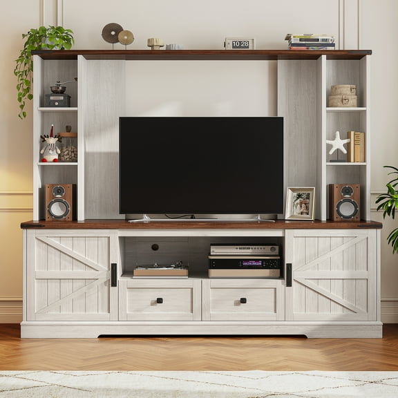 EnHomee Entertainment Center with LED Lights and Power Outlets, Large Farmhouse TV Stand for up to 60" TVs with Storage, White