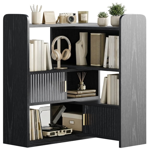 EnHomee Expandable 4-Tier Bookshelf with 2 Storage Cabinets, Corner Bookcase for Small Spaces, Living Room, Home Office, Bedroom, Black