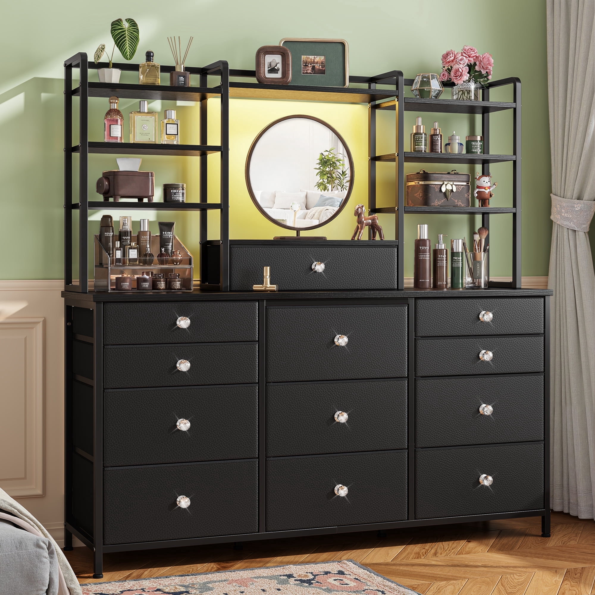 EnHomee Fabric Dresser for Bedroom with LED Lights Dressing Table with 12 Drawers & Open Shelves, Black