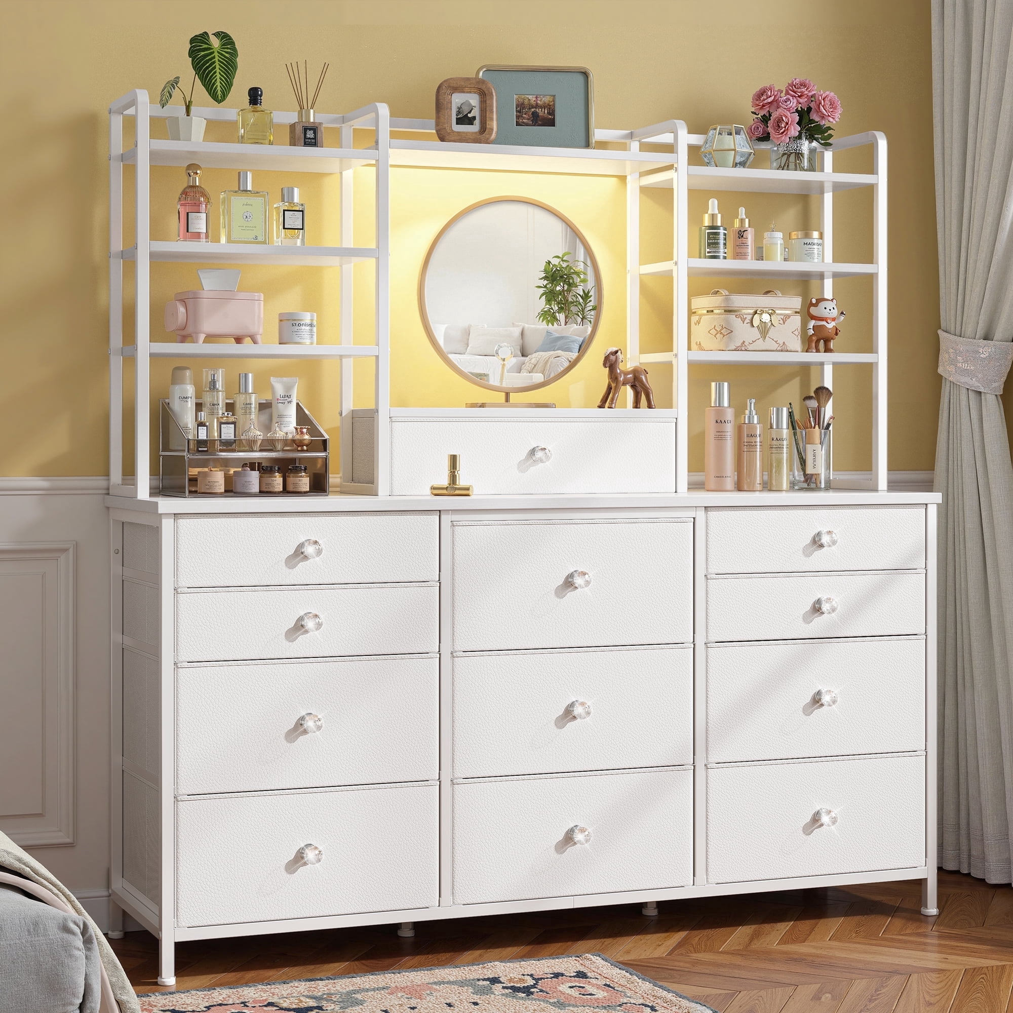 EnHomee Fabric Dresser for Bedroom with LED Lights Vanity Dressing Table with 12 Drawers & Open Shelves，White