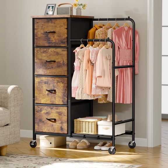 EnHomee Fabric Dresser with 2 Hanging Racks Small Dresser with 4 Drawers for bedroom Small Closet with Clothes Rack, Rustic Brown