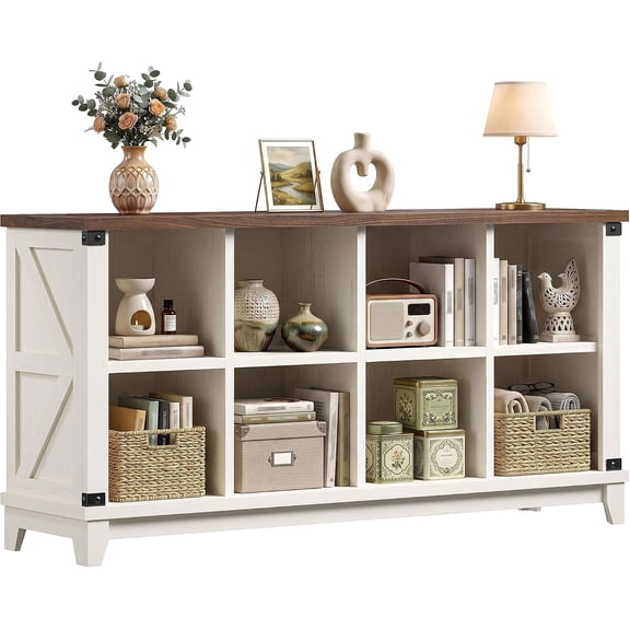 8 Cube Storage Organizer, Wood & Metal TV Stand with Anti-Tip Kit, 529 Lbs Capacity Farmhouse Shelf for Living Room, Entryway - White