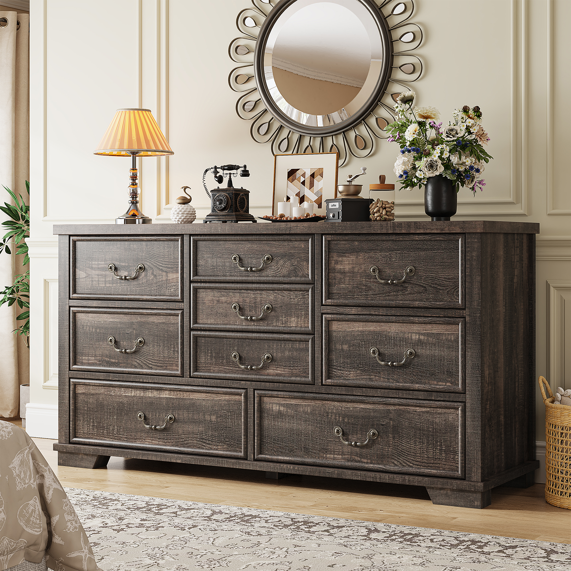 EnHomee Farmhouse 9 Drawers Wood Dresser for Bedroom TV Stand,Dark ...