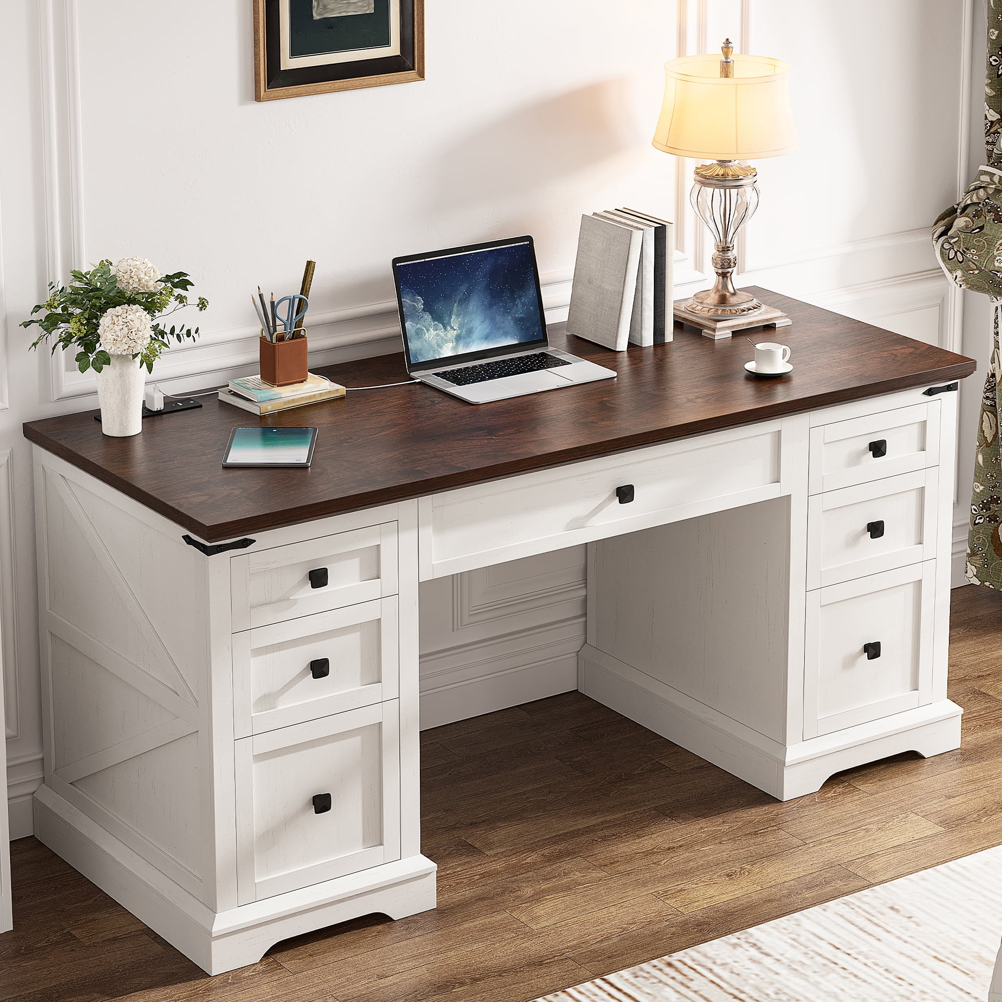 EnHomee Farmhouse Desk with Drawers, Wood Home Office Desk with Charging  Station, Antique White, image size:2000x2000
