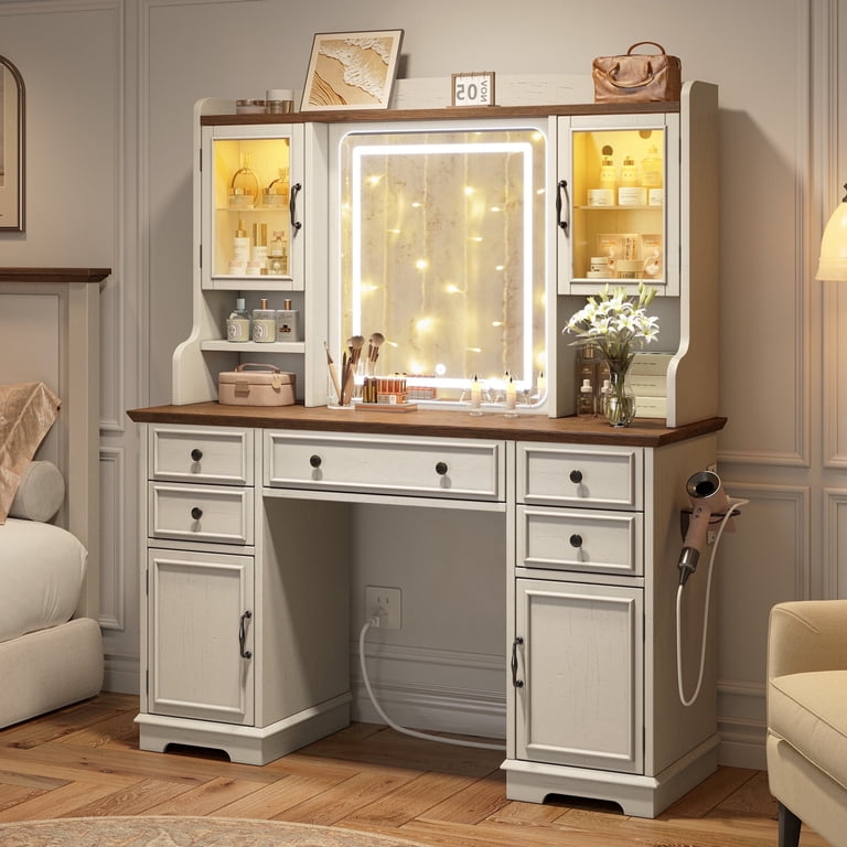 EnHomee, Farmhouse Vanity Desk with LED Lights, RGB Cabinets