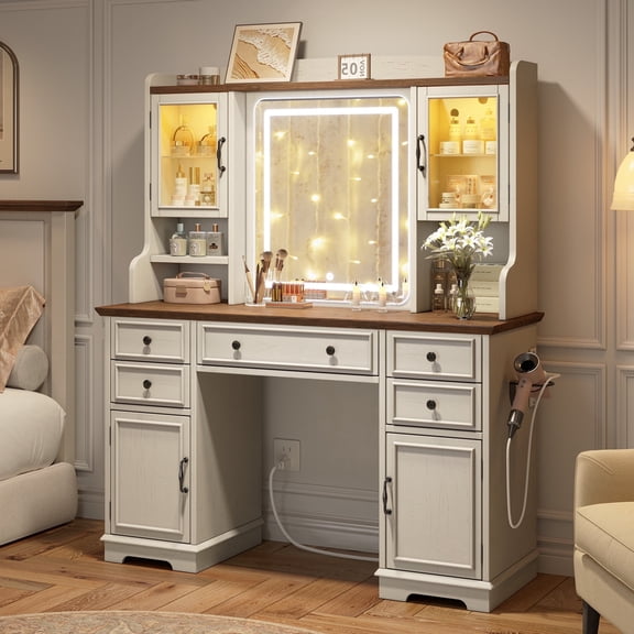 EnHomee Farmhouse Vanity Desk with Mirror and Lights White Vanity with Lighted Mirror Makeup Vanity Set with RGB Cabinets and Storage Drawers