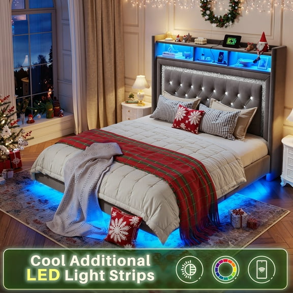 EnHomee Floating Bed Frame with Headboard Queen Size Bed Frame with LED Light & Charge Station,Gray