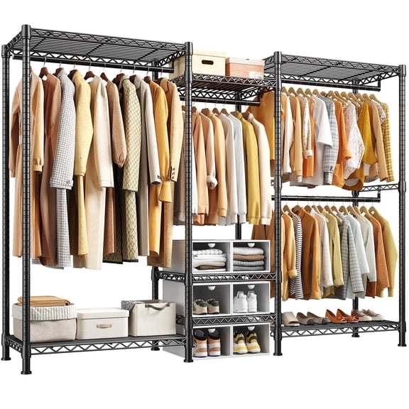 Freestanding Closet Organizer,Heavy Duty Clothes Rack with Shelves and 4 Hanging Rods, Extra Wide Metal Wardrobe Closet Storage for Bedroom Apartment, 70.5"W x 77"H x 13.8"D,Black