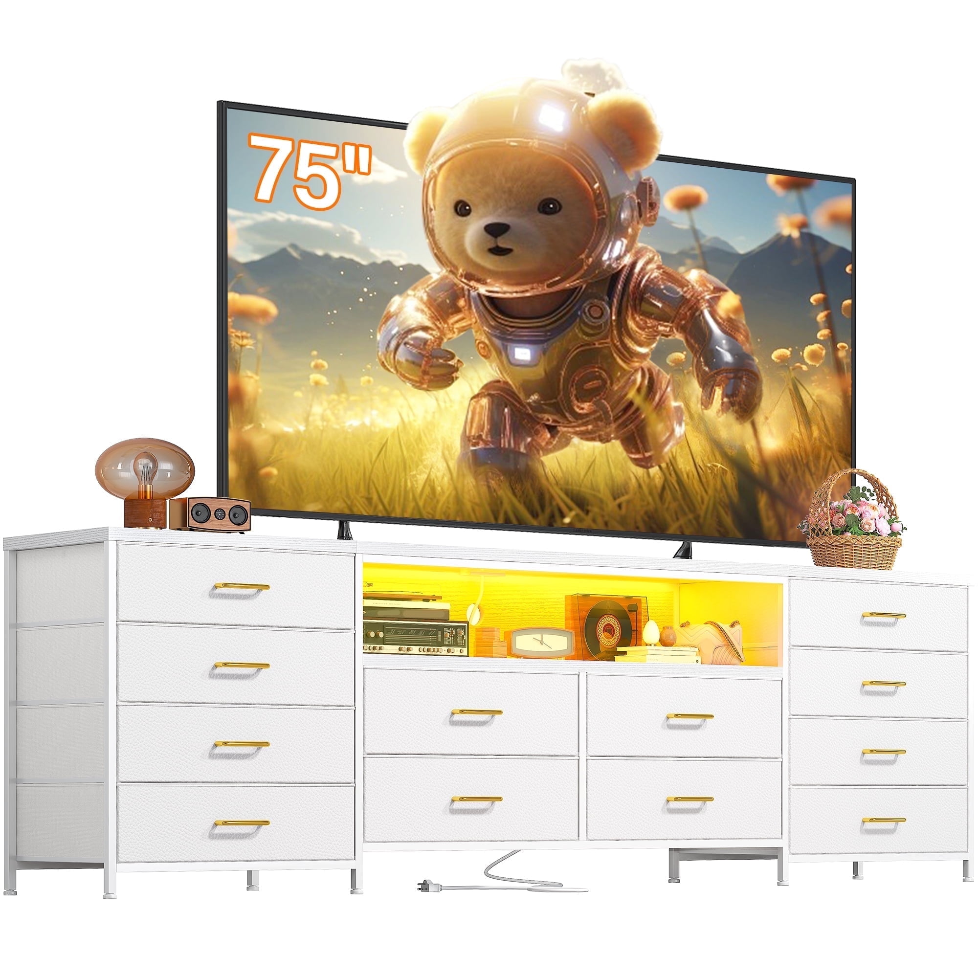 EnHomee Freestanding Television Stand with 1 Shelf, 12 Drawers, and LED Lights, 13.80''