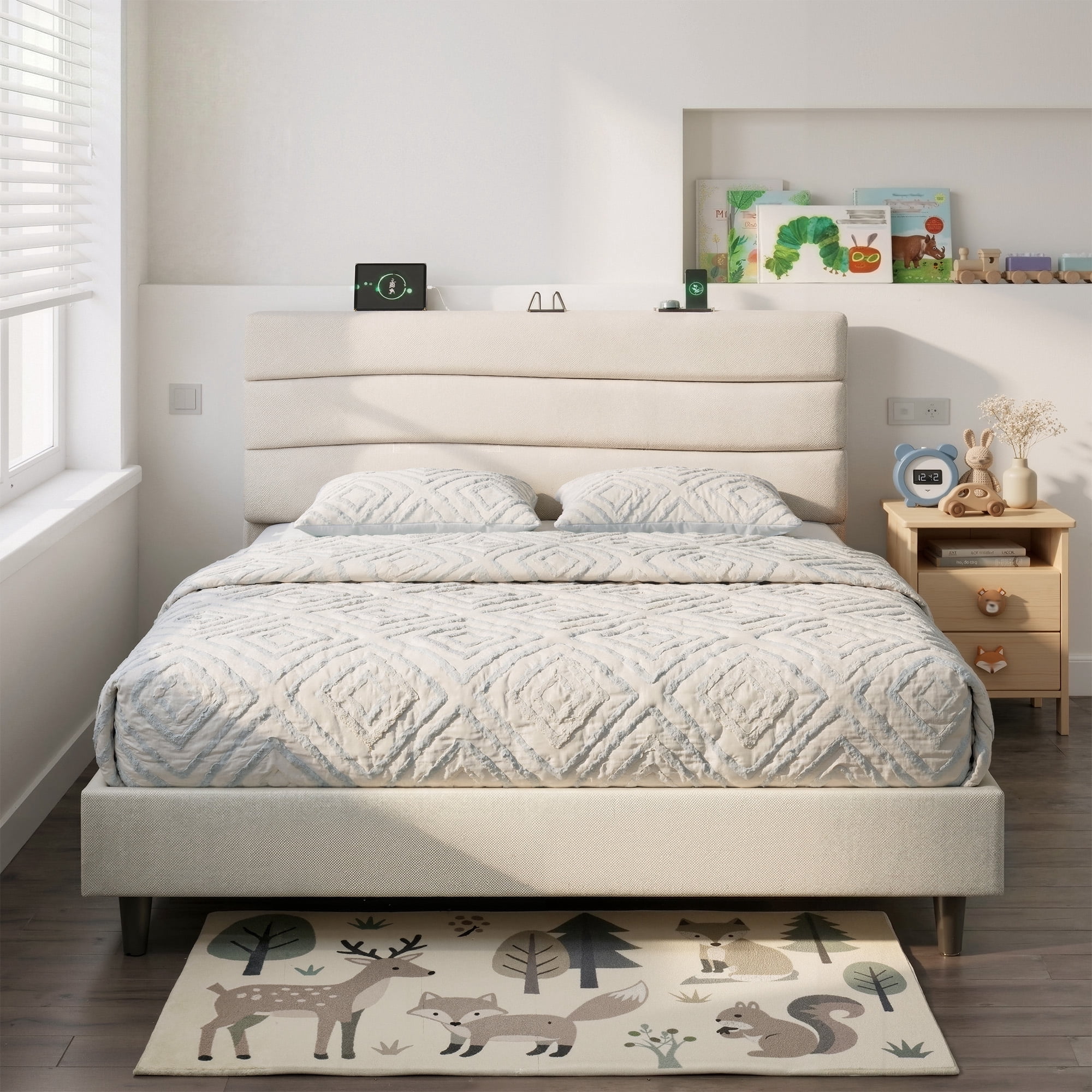 EnHomee Full Bed Frame with Adjustable Headboard Upholstered Full Size Bed Frame with Charge Station & Storage, Beige, No Box Spring Needed, Noise Free