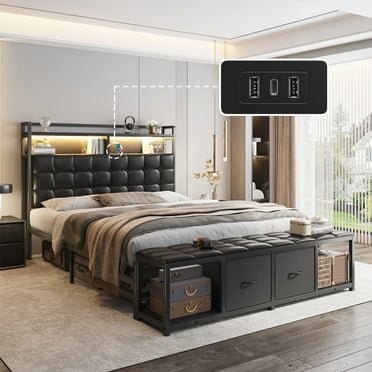 EnHomee Full Bed Frame with Headboard Upholstered Bed Frame with 2 Fabric Drawers & 2-Tier Storage Shelf Metal Platform Bed Frame Full with LED & Charge Station, No Box Spring Needed, Black