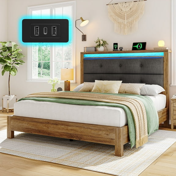 EnHomee Full Bed Frame with LED Lights and Charging Station Upholstered Platform Bed with Headboard & Storage Shelf Sturdy Wood Full Size Bed Frame, No Box Spring Needed, Gray