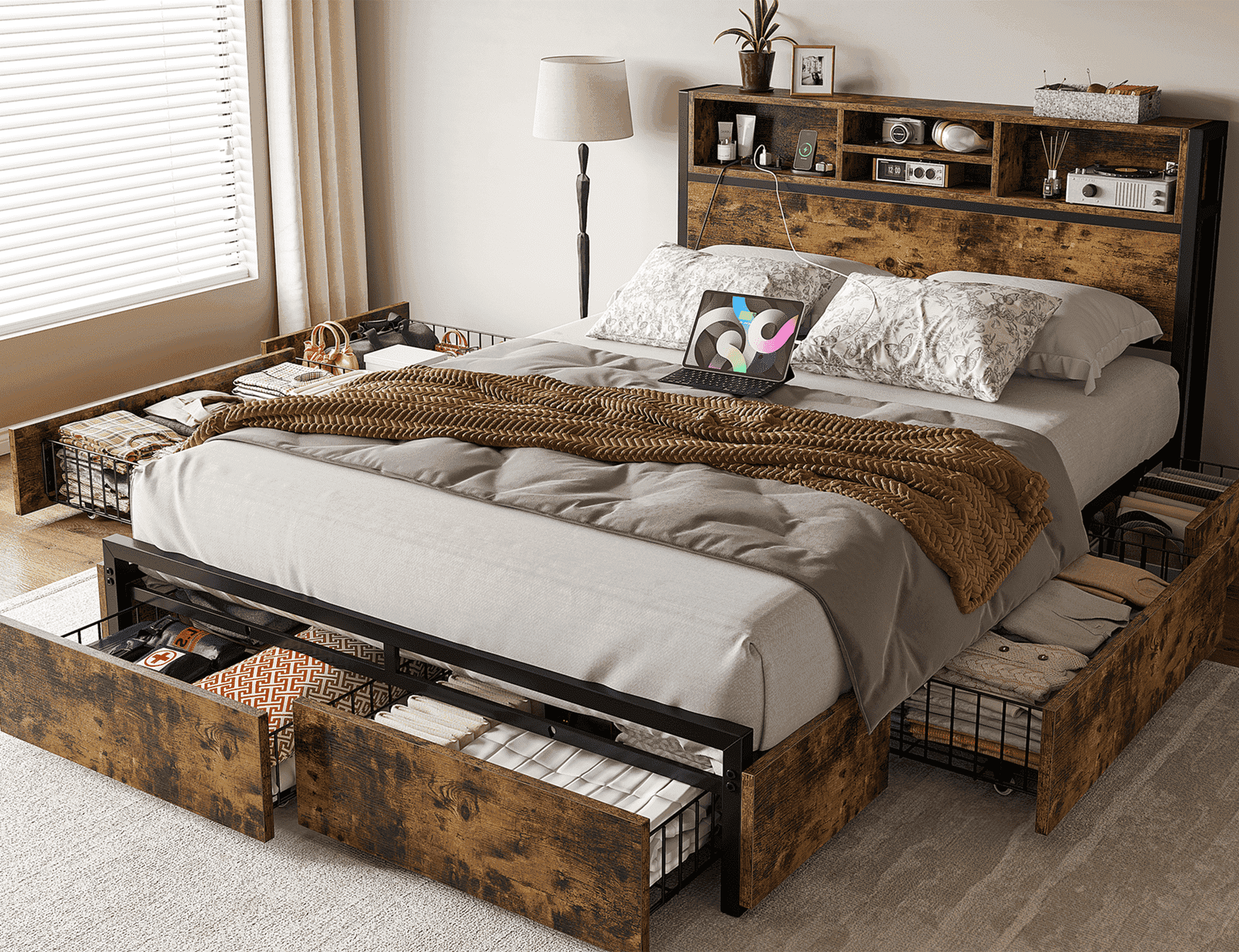EnHomee Full Bed Frame with Headboard Metal Bed Frame with 6 Storage Drawers &  Charge Station