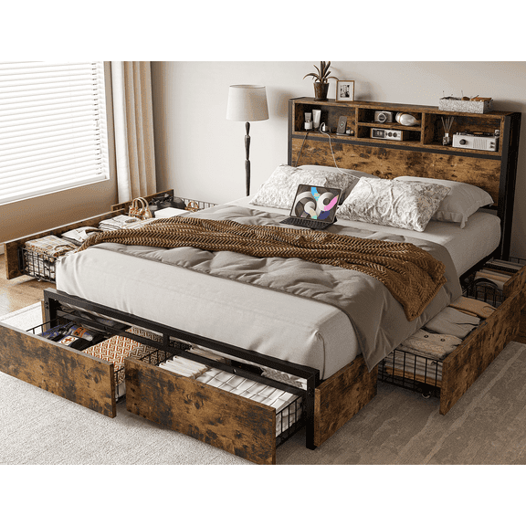 EnHomee Full Bed Frame with Headboard Metal Bed Frame with 6 Storage Drawers & Charge Station