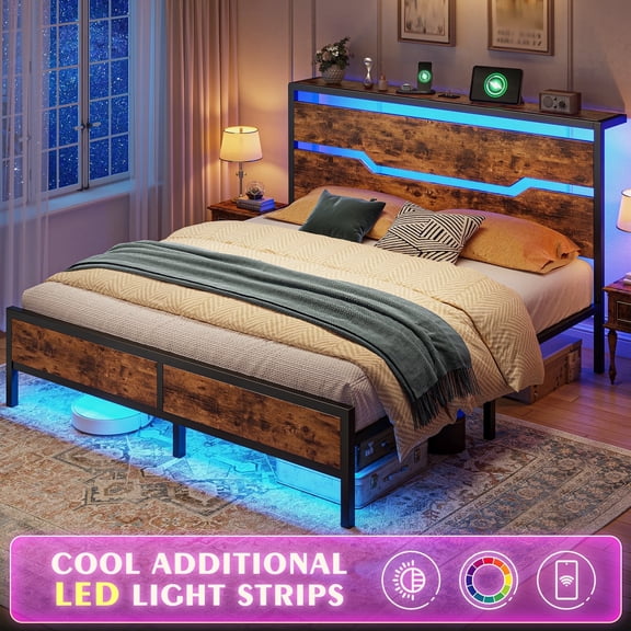 EnHomee Full Bed Frame with Wooden Headboard Metal Platform Bed Frame with Storage Platform Metal Bed with Charge Station & LED Lights & 13" Under-Bed Storage, Rustic Brown