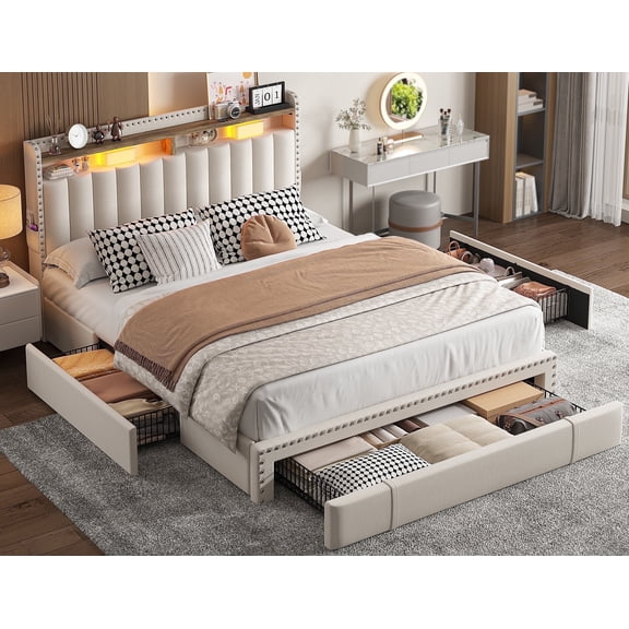 EnHomee Full Bed Frame with Drawers,Full Size Bed Frame with Storage Metal Bed Frame with Headboard Beige