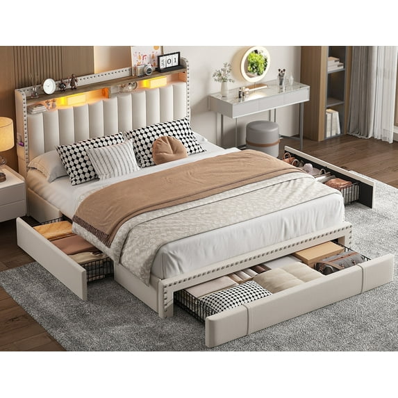 EnHomee Full Bed Frame with Drawers,Full Size Bed Frame with Storage Metal Bed Frame with Headboard Beige