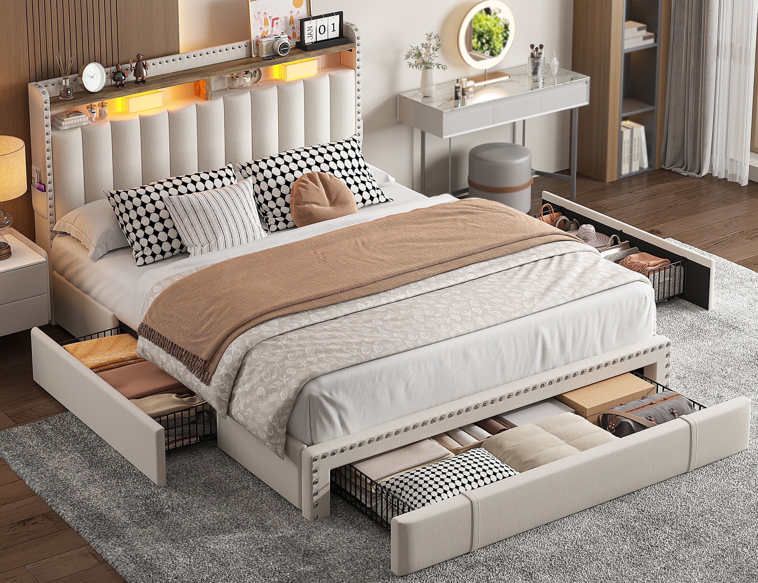 Mページ② Benjara Jecky Gray and Chrome Metal Frame King Platform Bed