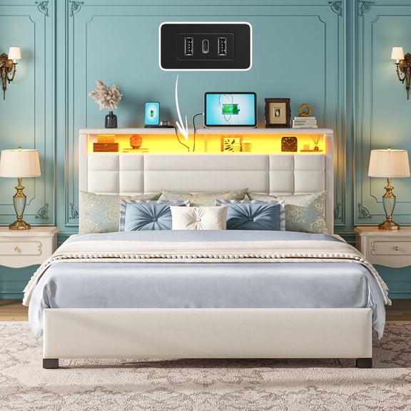 EnHomee Full Bed Frame with Storage Shelf Upholstered Platform Bed Frame with LED Lights Metal Bed Frame with Charge Station, Beige