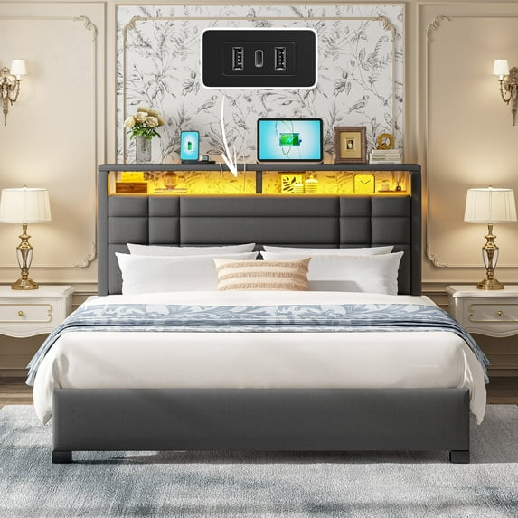 EnHomee Full Bed Frame with Storage Shelf Upholstered Platform Bed Frame with LED Lights & Charge Station, Gray