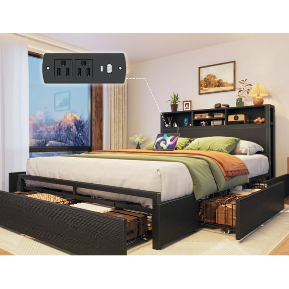 EnHomee Full Metal Platform Bed Frame with 6 Storage Drawers & Storage Shelf & Charge Station,Black
