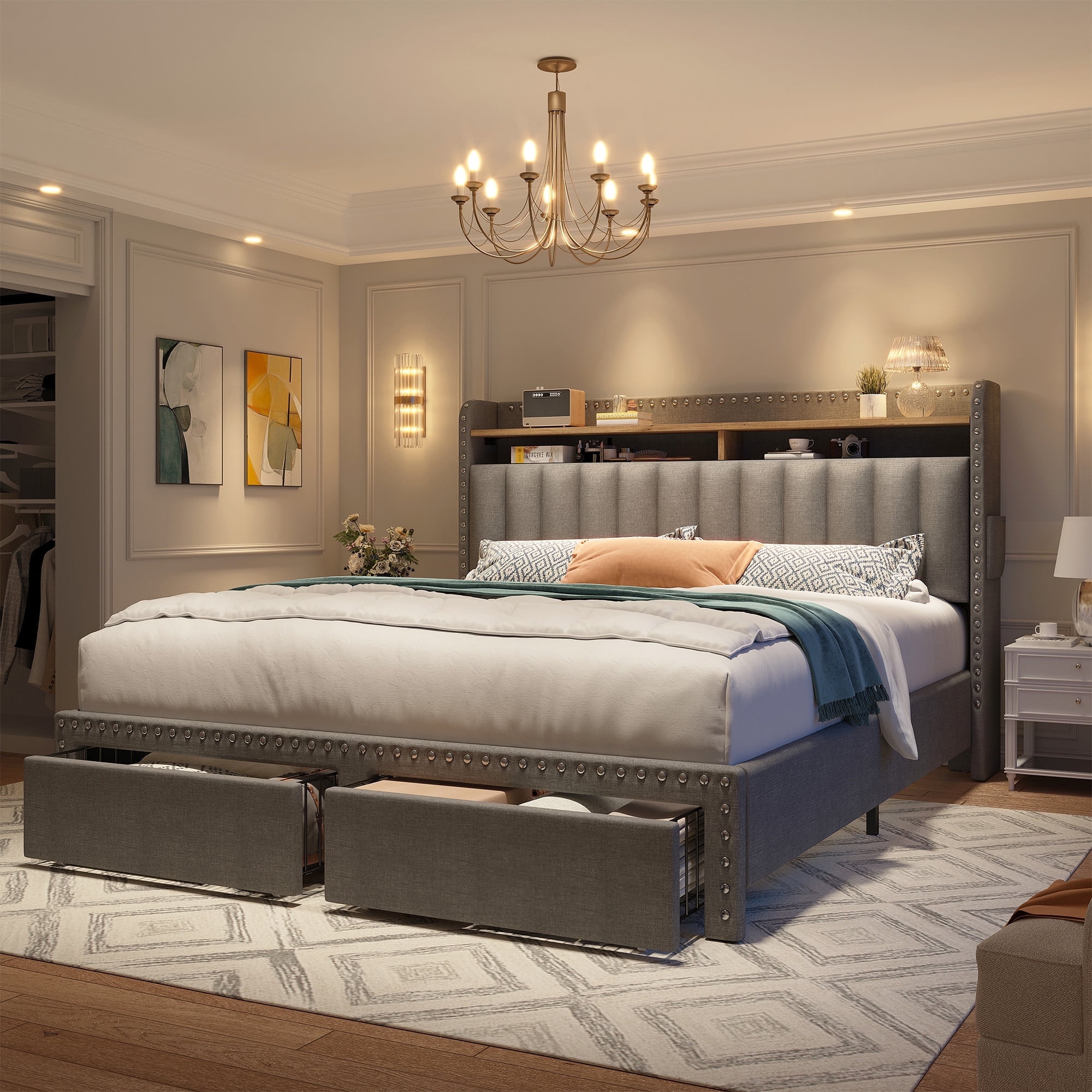 EnHomee Full Modern Metal Wood Platform Bed with Storage Drawers, Gray