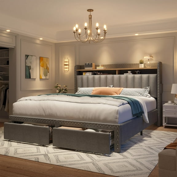 EnHomee Full Modern Metal Wood Platform Bed with Storage Drawers, Gray