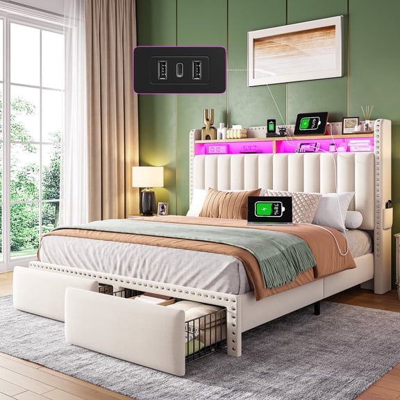 EnHomee Full Size Bed Frame with 2 Drawers & 2-Tier Storage Shelf Upholstered Bed Frame Full with Headboard Full Bed Frame with LED Lights & Charge Station, No Box Spring Needed, No-Noise, Beige