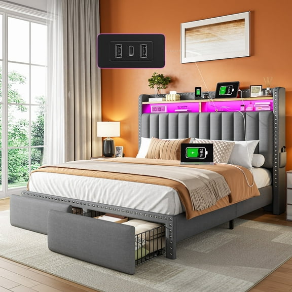 EnHomee Full Size Bed Frame with 2 Drawers & 2-Tier Storage Shelf Upholstered Bed Frame Full with Headboard Full Bed Frame with Storage & LED Lights & Charge Station, No Box Spring Needed, Gray