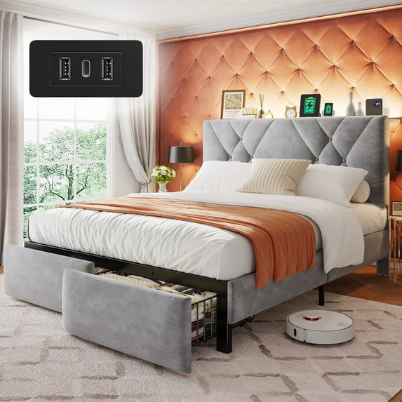 EnHomee Full Size Bed Frame with 2 Drawers & Storage Platform Upholstered Bed Frame with Headboard & LED Lights & Charge Station, Gray