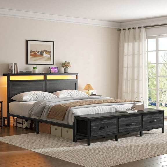 EnHomee Full Size Bed Frame with 3 Fabric Drawers  Full Bed Frame with Storage Headboard Metal Platform Bed Frame Full with LED Lights & Charge Station,Gray Oak, No Box Spring Needed