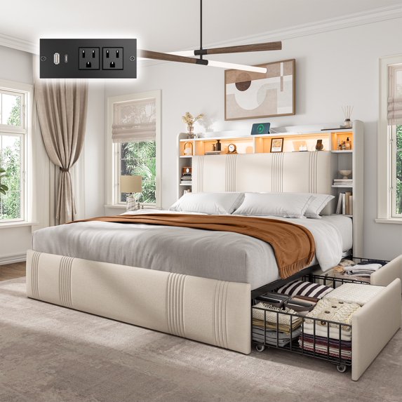 EnHomee Full Size Bed Frame with 4 Drawers & 3-Tier Storage Shelf Upholstered Bed Frame Full with Headboard Bed Frame Full with LED Lights & Charge Station, No Box Spring Needed, No-Noise, Beige