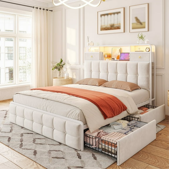 EnHomee Full Size Bed Frame with 4 Underbed Drawers & 2 Small Drawers Upholstered Bed Frame Full with Headboard and Storage & LED Lights & Charge Station,Beige