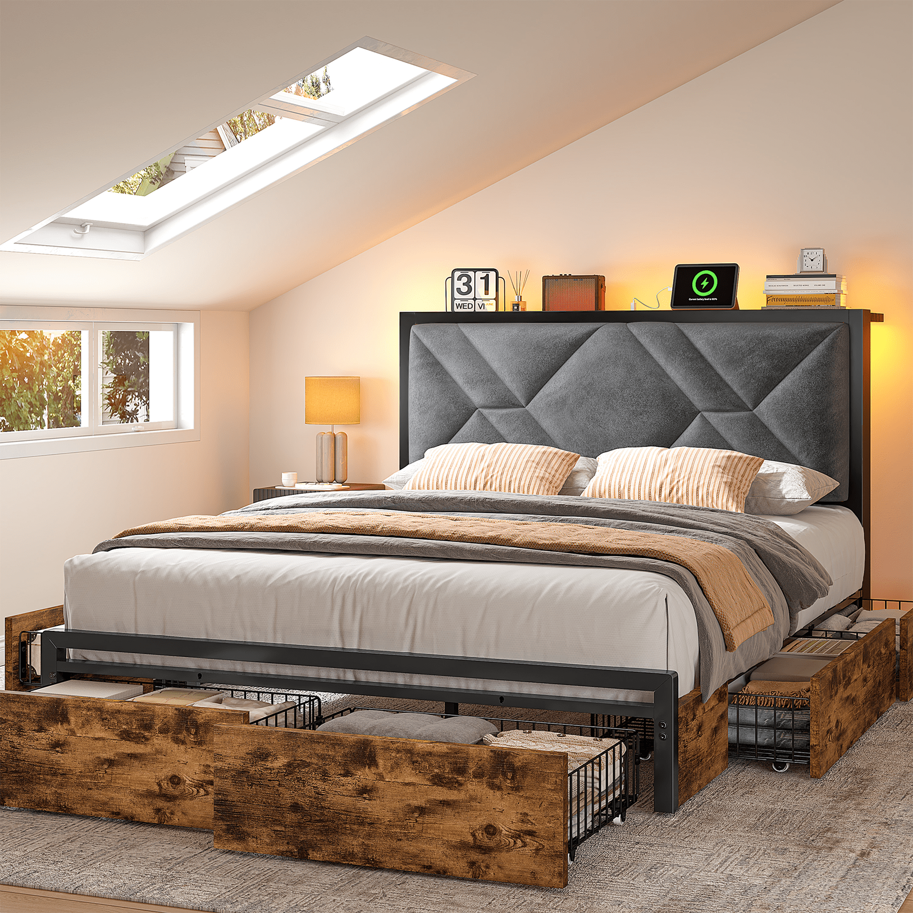 EnHomee Metal Bed Frame with 6 Storage Drawers Upholstered Platform Bed Frame  Full with LED lights & Charging Station,Vintage Brown