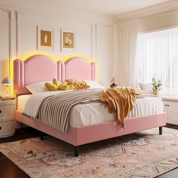 EnHomee Full Size Bed Frame with Adjustable Headboard, Full Bed Frame with Upholstered Headboard and Wooden Slats Support Pink Bed Frame, Smart LED,Pink