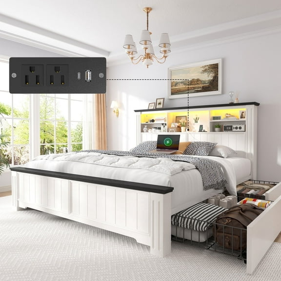 EnHomee Full Size Bed Frame with Headboard and 4 Drawers Bed Frame Full Bed Frame with LED Lights & 2-Tier Storage Shelf & Charging Station NO Box Spring Needed