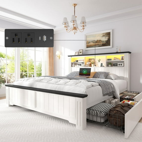 EnHomee Full Size Bed Frame with Headboard and 4 Drawers Bed Frame Full Bed Frame with LED Lights & 2-Tier Storage Shelf & Charging Station NO Box Spring Needed