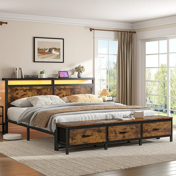 EnHomee Full Size Bed Frame with Headboard Full Bed Frame with 3 Fabric Drawers Metal Platform Bed Frame Full with LED Lights & Charge Station, Rustic Brown, No Box Spring Needed