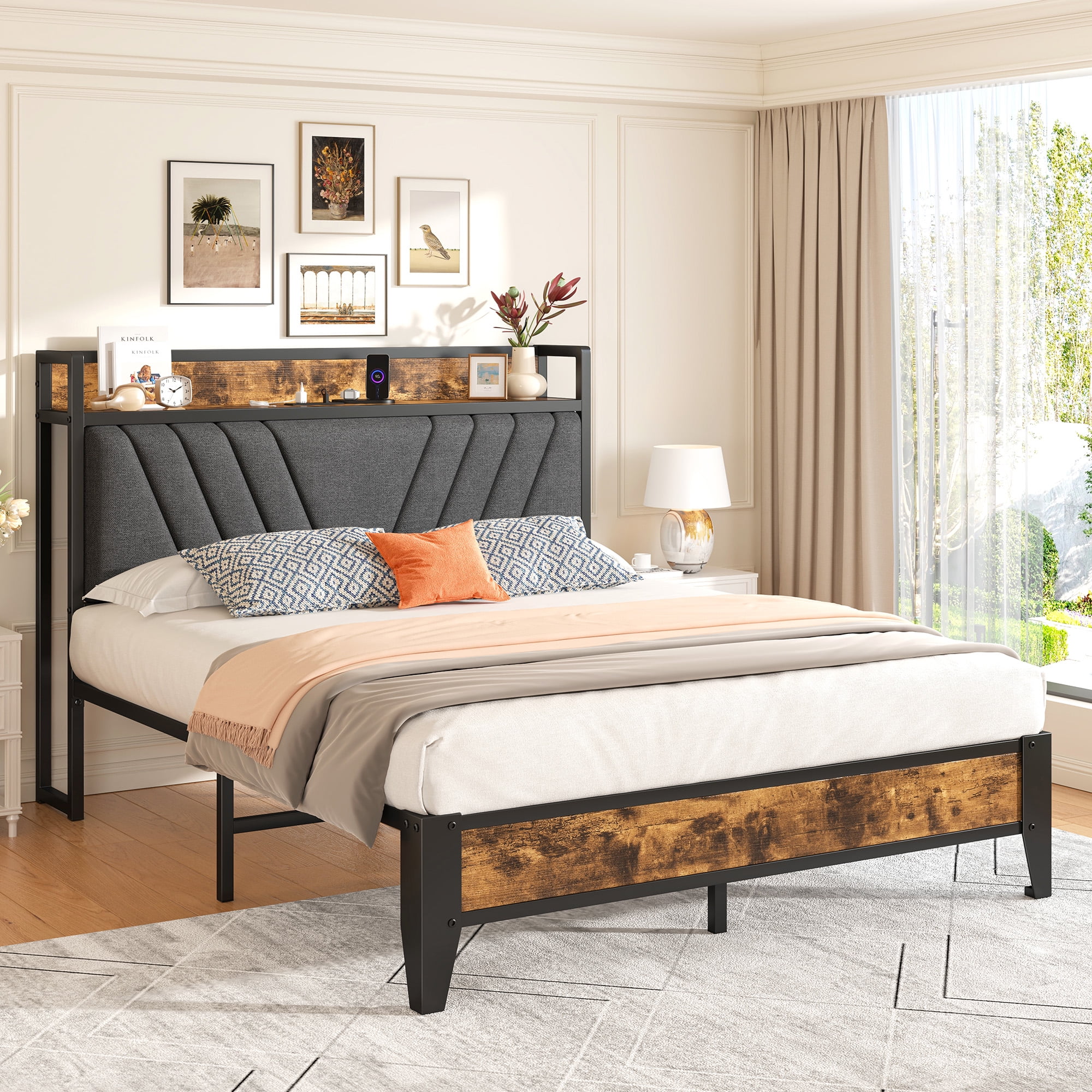 EnHomee Full Size Bed Frame with Headboard Full Bed Frame with Storage  & Charging Station, Vintage Brown