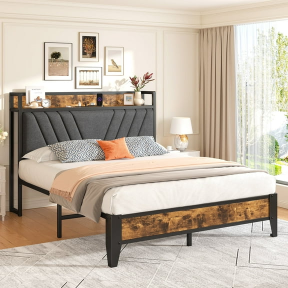 EnHomee Full Size Bed Frame with Headboard Full Bed Frame with Storage  & Charging Station, Vintage Brown