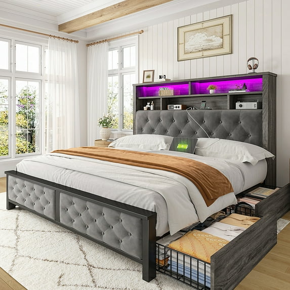EnHomee Full Size Bed Frame with Headboard and Storage Drawers Bed Frame Full NO Box Spring Needed Full Bed Frame with 2-Tier Storage Shelf & LED Lights & Charging Station