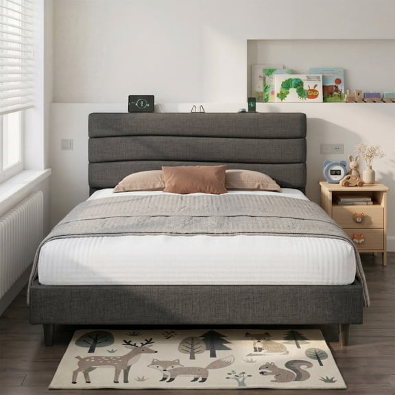 EnHomee Full Size Bed Frame with Headboard Upholstered Bed Frame Full with Storage Full Size Bed Frame with Charge Station Gray, No Box Spring Needed, Noise Free