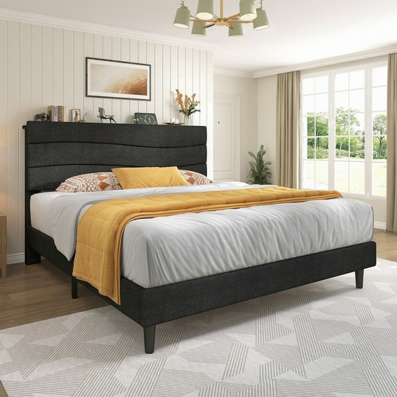 EnHomee Full Size Bed Frame with Headboard Upholstered Bed Frame Full with Storage Full Size Bed Frame with Charge Station Gray, No Box Spring Needed, Noise Free