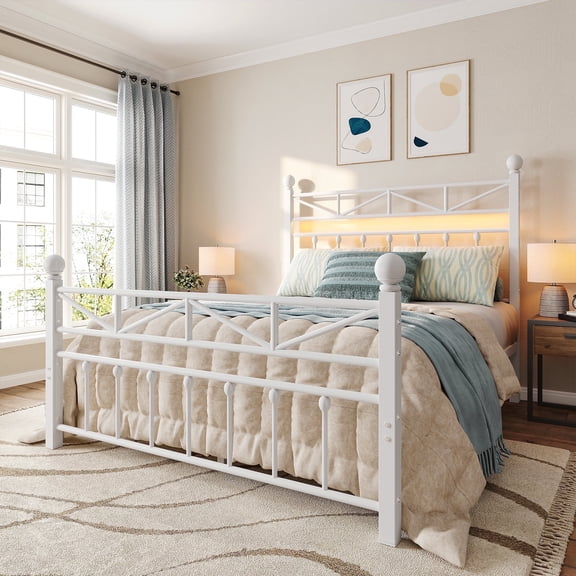 EnHomee Full Size Bed Frame Metal with Victorian Vintage Headboard & Footboard Metal Platform Bed Frame Full Heavy Duty Metal Bed Frame with LED Lights & Storage, Noise Free, White