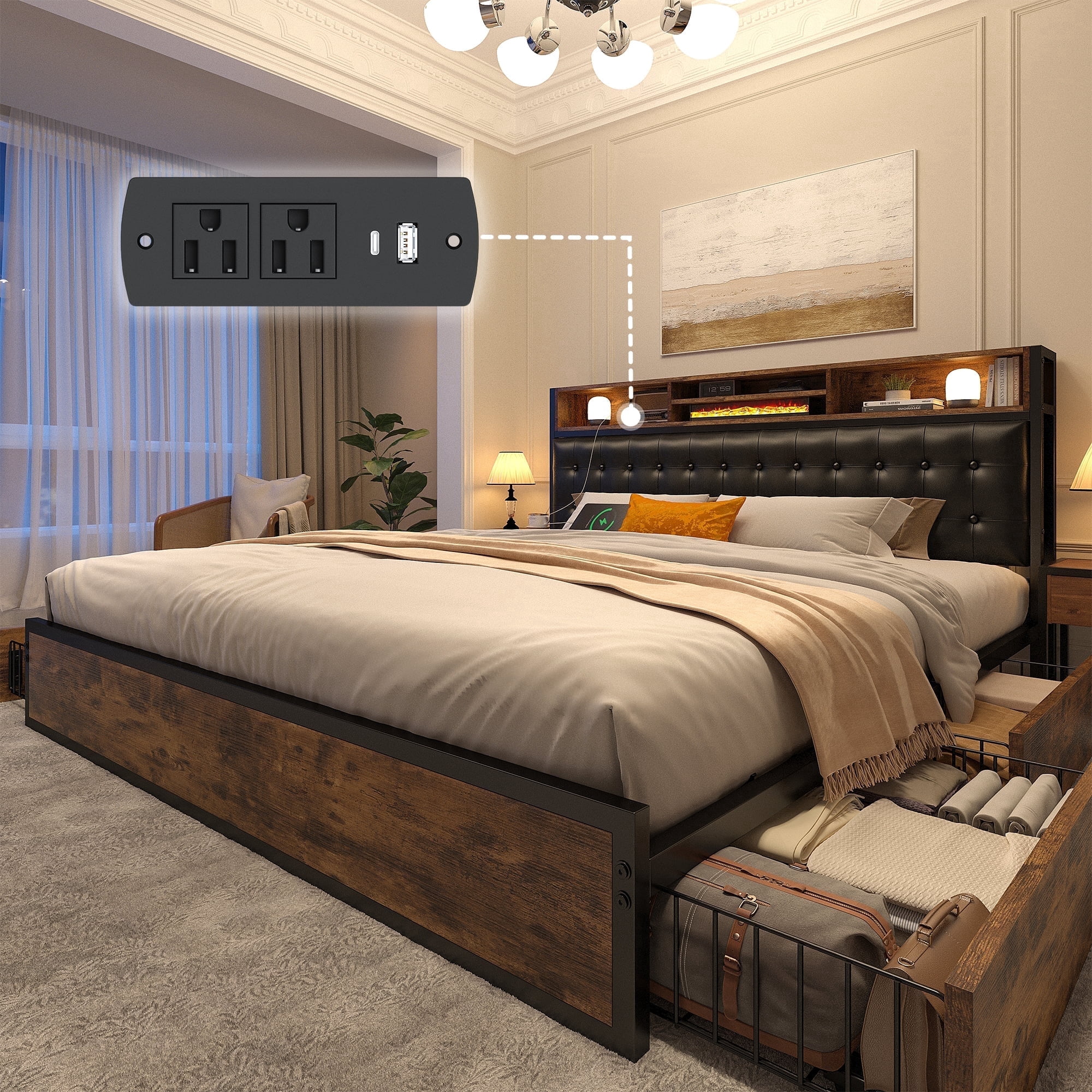 EnHomee Full Size Metal Bed Frame with  4 Drawers Upholstered Bed Frame with Storage  & Charging Station & Metal Slats,Rustic Brown