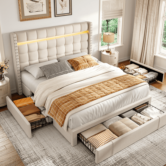EnHomee Full Size Bed Frame with 3 Storage Drawers Modern Metal Bed Frame with Wood Slats & Upholstered Adjustable Headboard Bed Frame Beige